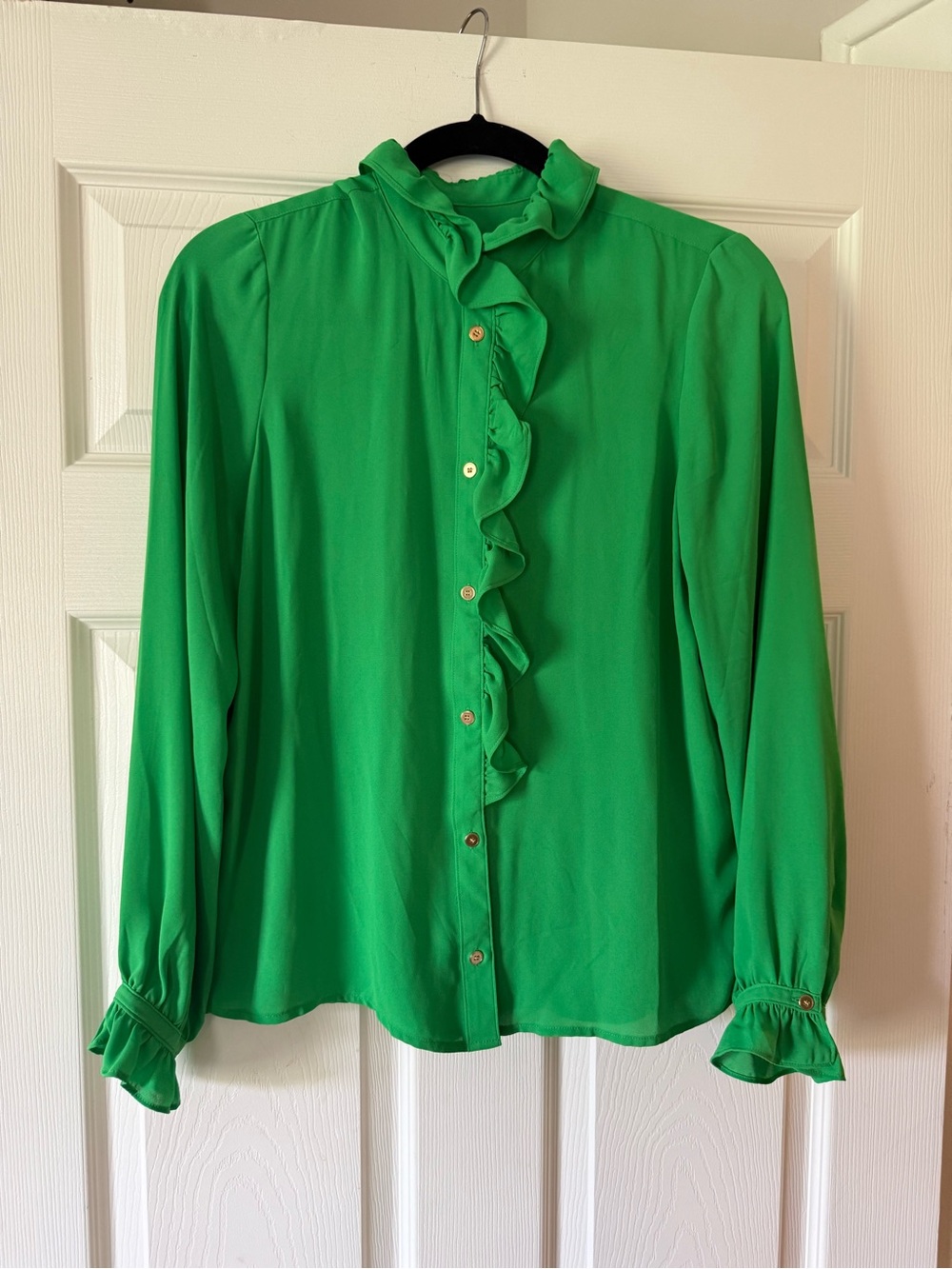 J. Crew Bright Green Ruffle-Front Blouse